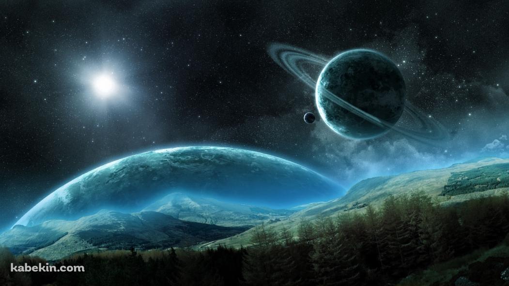 緑の丘と大宇宙の壁紙(1051px x 591px) 高画質 PC・デスクトップ用
