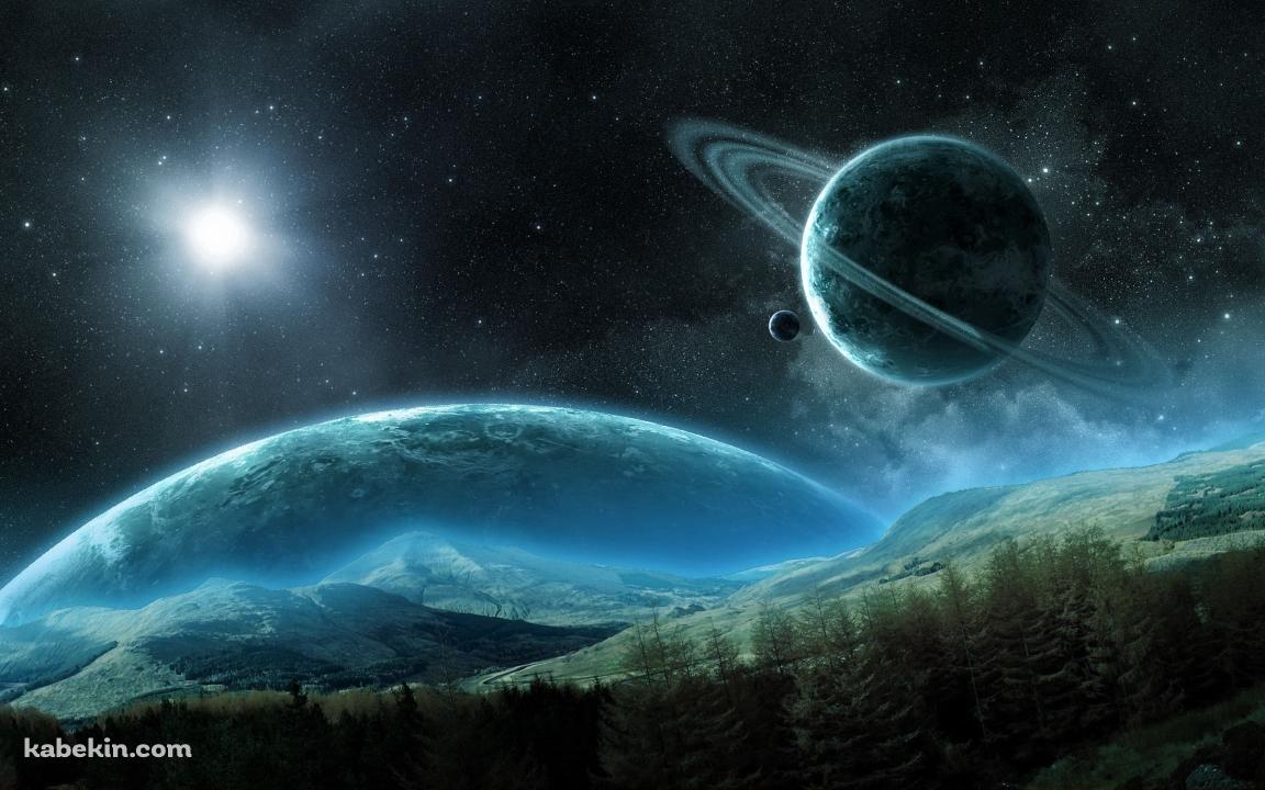 緑の丘と大宇宙の壁紙(1152px x 720px) 高画質 PC・デスクトップ用
