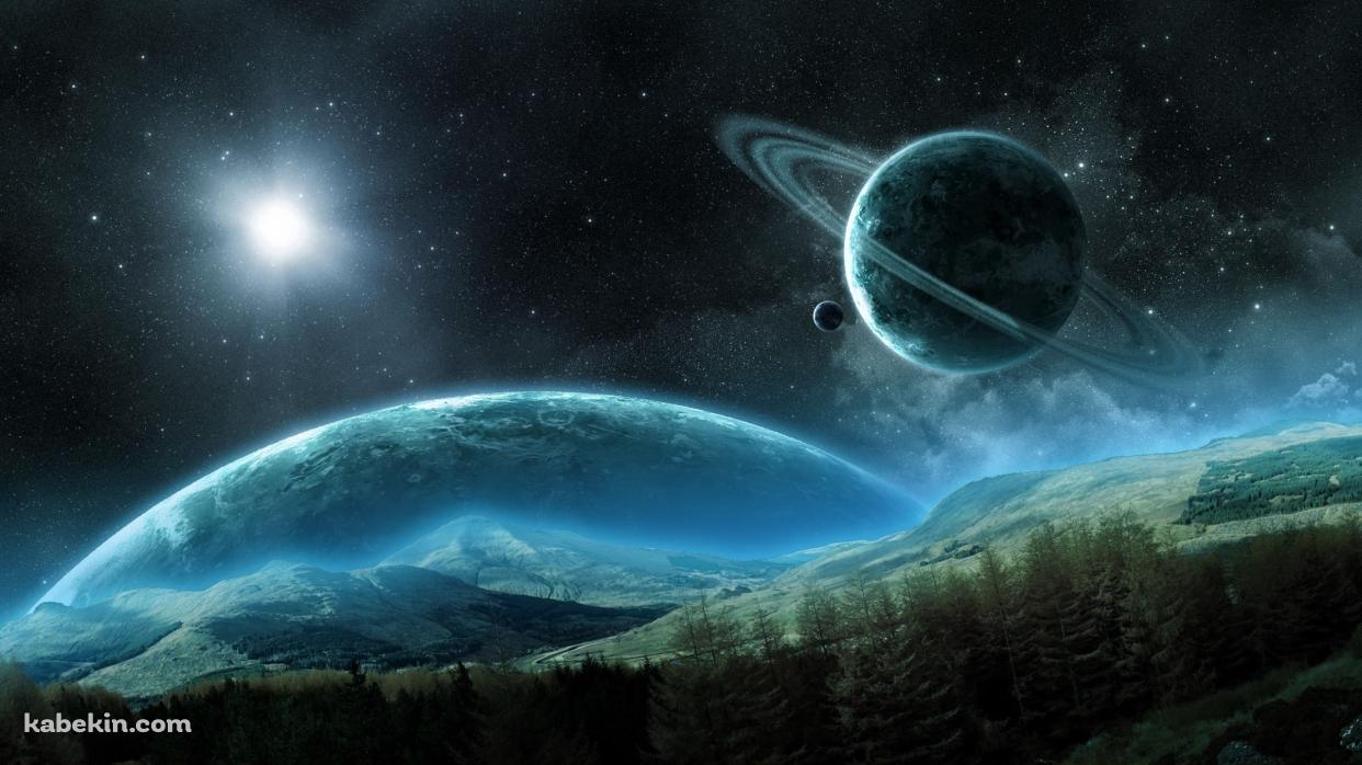 緑の丘と大宇宙の壁紙(1242px x 698px) 高画質 PC・デスクトップ用