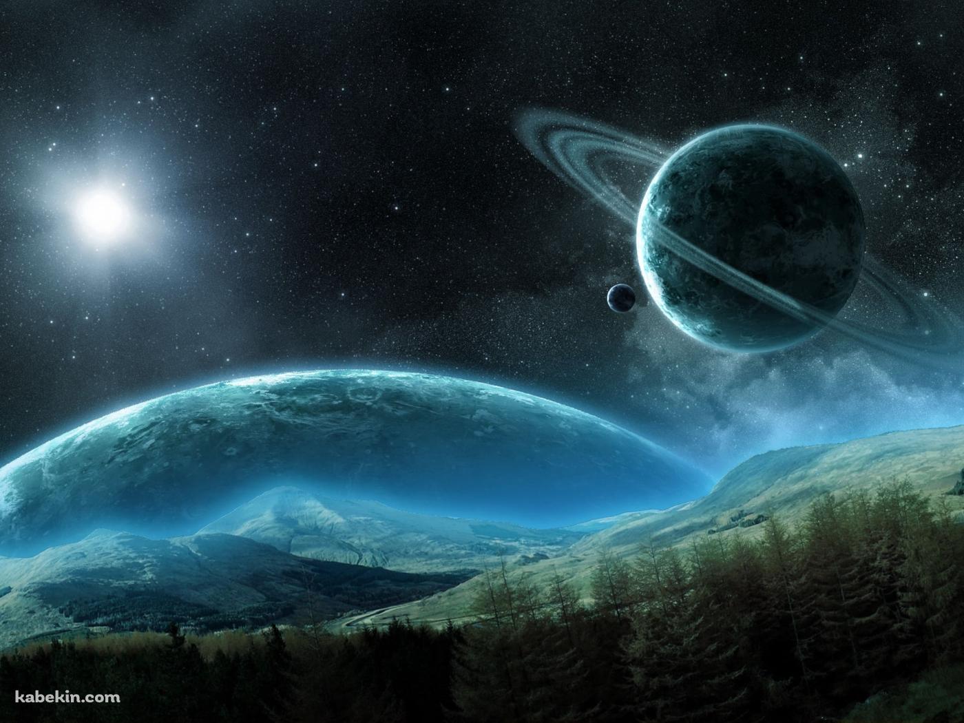 緑の丘と大宇宙の壁紙(1400px x 1050px) 高画質 PC・デスクトップ用