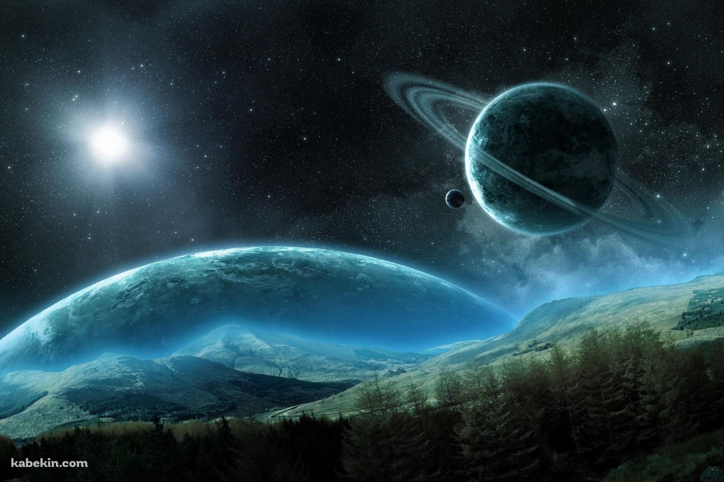 緑の丘と大宇宙の壁紙(1440px x 960px) 高画質 PC・デスクトップ用