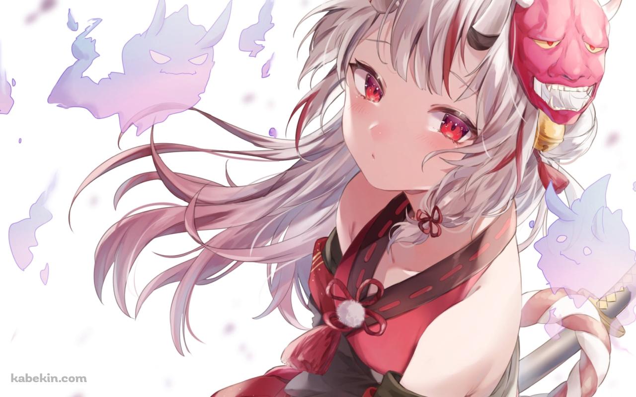 赤い瞳でこちらを見つめる百鬼あやめ / 鬼のお面 / バーチャルYouTuber / ホロライブの壁紙(1280px x 800px) 高画質 PC・デスクトップ用