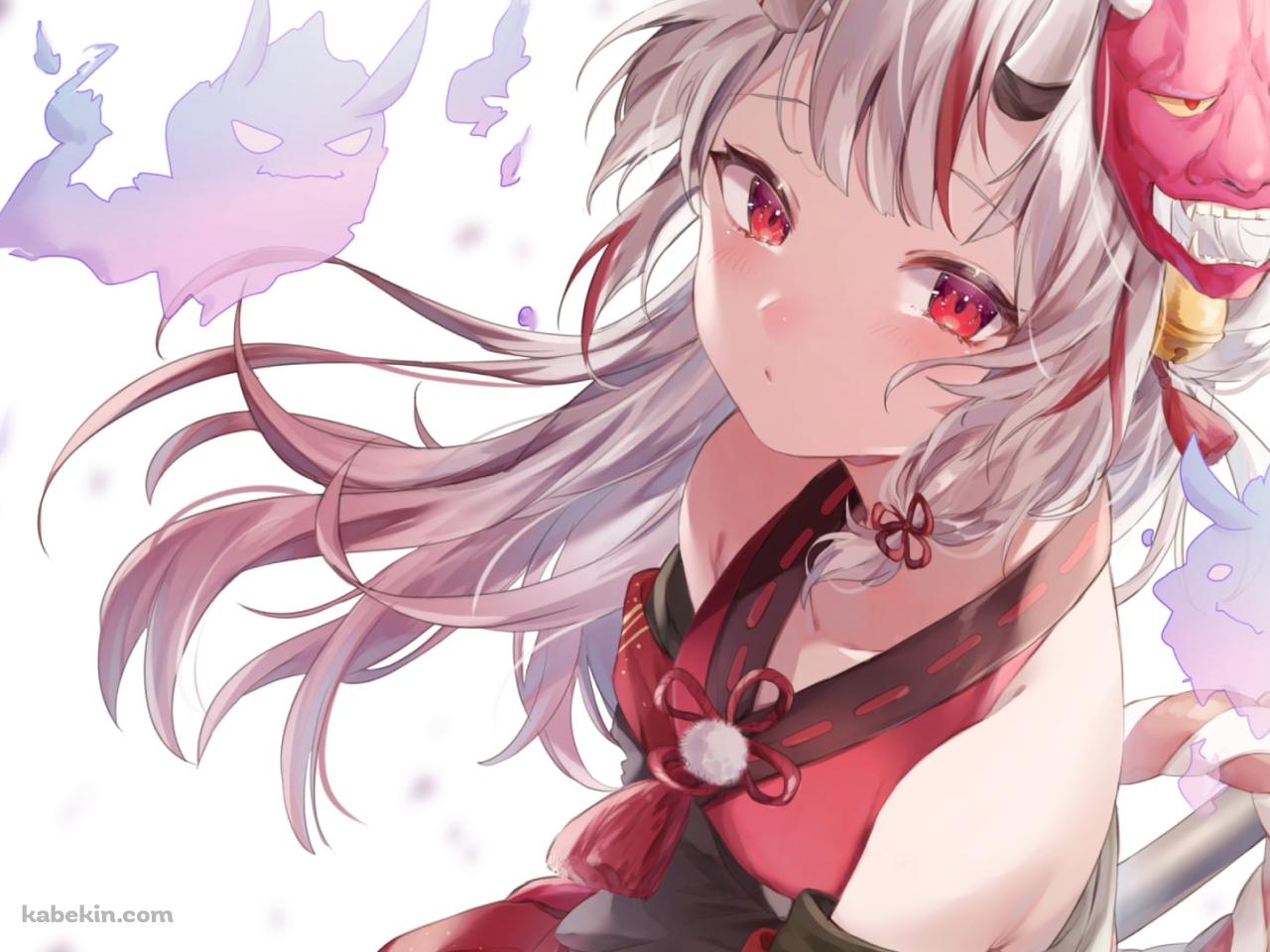 赤い瞳でこちらを見つめる百鬼あやめ / 鬼のお面 / バーチャルYouTuber / ホロライブの壁紙(1280px x 960px) 高画質 PC・デスクトップ用