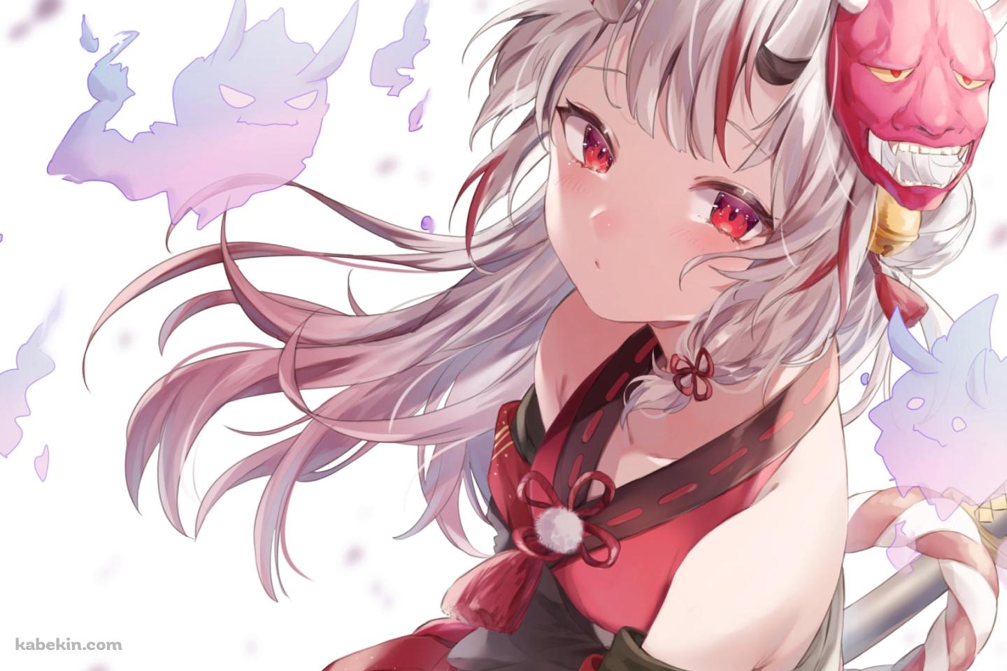 赤い瞳でこちらを見つめる百鬼あやめ / 鬼のお面 / バーチャルYouTuber / ホロライブの壁紙(1440px x 960px) 高画質 PC・デスクトップ用