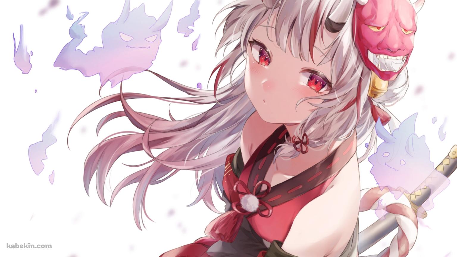 赤い瞳でこちらを見つめる百鬼あやめ / 鬼のお面 / バーチャルYouTuber / ホロライブの壁紙(1536px x 864px) 高画質 PC・デスクトップ用