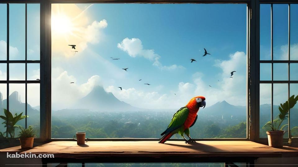 窓辺にとまる赤・緑のオウムの壁紙(960px x 540px) 高画質 PC・デスクトップ用