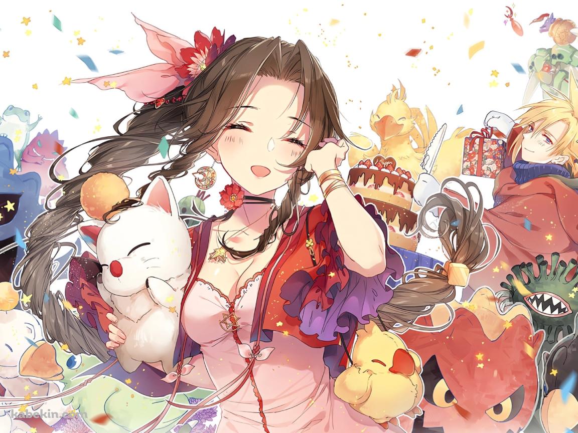 エアリス・ゲインズブール / クラウド・ストライフ / モーグリ / チョコボ / サボテンダー / ボム / モルボル / トンベリ / ファイナルファンタジー7 / FF7の壁紙(1152px x 864px) 高画質 PC・デスクトップ用