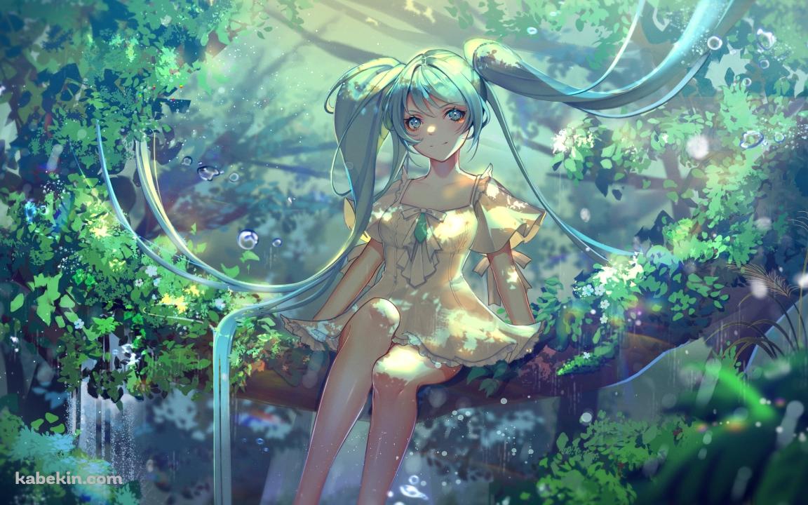 森の中、木に座る初音ミク / ボーカロイドの壁紙(1152px x 720px) 高画質 PC・デスクトップ用
