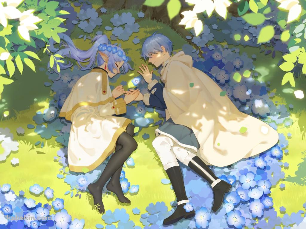 蒼月草の花の上で寝るフリーレンとヒンメル / 葬送のフリーレンの壁紙(1024px x 768px) 高画質 PC・デスクトップ用