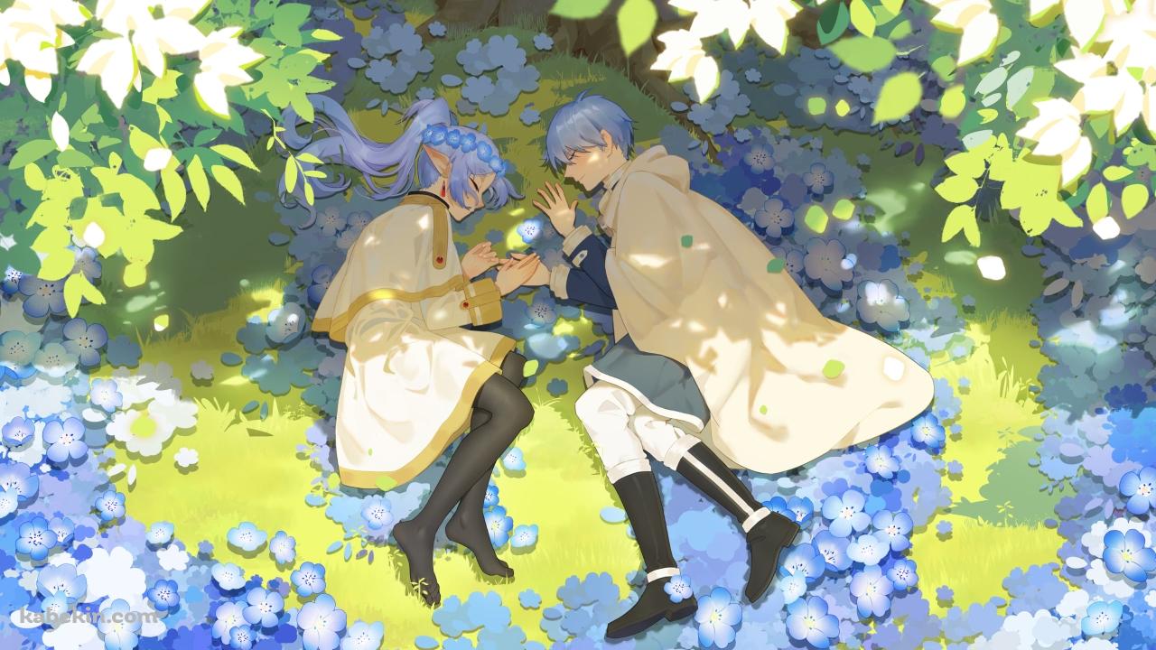 蒼月草の花の上で寝るフリーレンとヒンメル / 葬送のフリーレンの壁紙(1280px x 720px) 高画質 PC・デスクトップ用