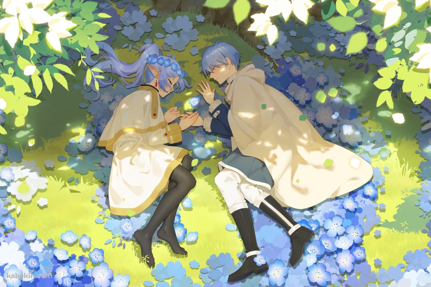 蒼月草の花の上で寝るフリーレンとヒンメル / 葬送のフリーレンの壁紙(1440px x 960px) 高画質 PC・デスクトップ用