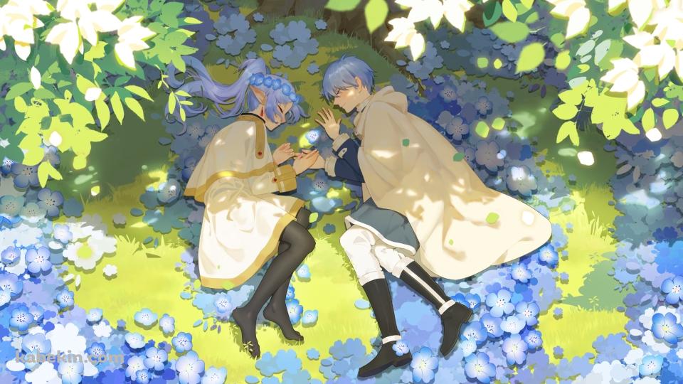 蒼月草の花の上で寝るフリーレンとヒンメル / 葬送のフリーレンの壁紙(960px x 540px) 高画質 PC・デスクトップ用