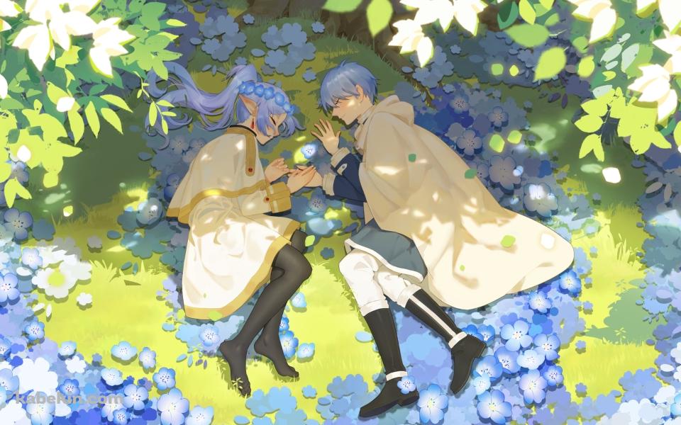 蒼月草の花の上で寝るフリーレンとヒンメル / 葬送のフリーレンの壁紙(960px x 600px) 高画質 PC・デスクトップ用