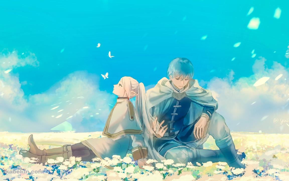 白い花の上に座るフリーレンとヒンメル / 葬送のフリーレンの壁紙(1152px x 720px) 高画質 PC・デスクトップ用