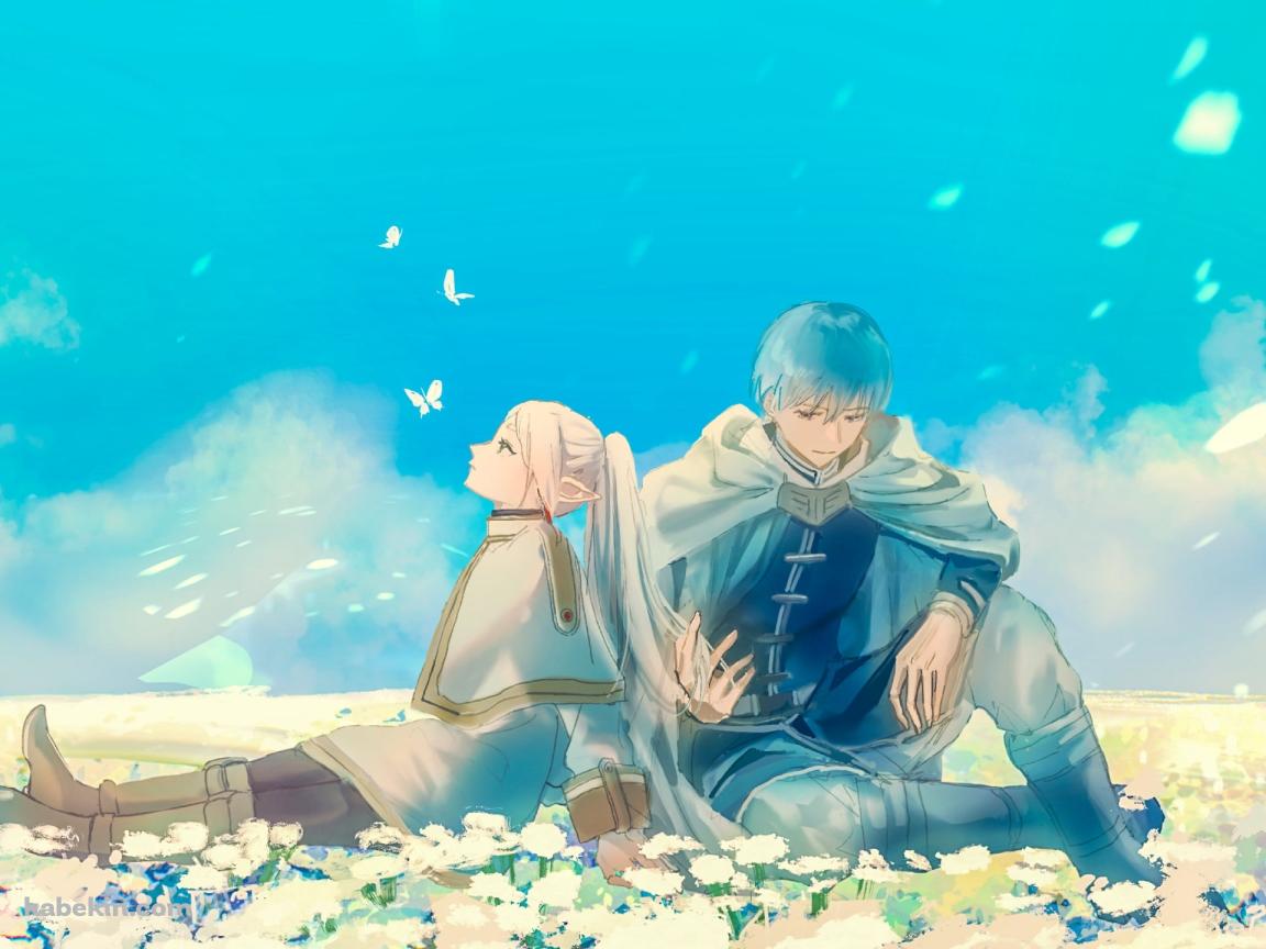 白い花の上に座るフリーレンとヒンメル / 葬送のフリーレンの壁紙(1152px x 864px) 高画質 PC・デスクトップ用