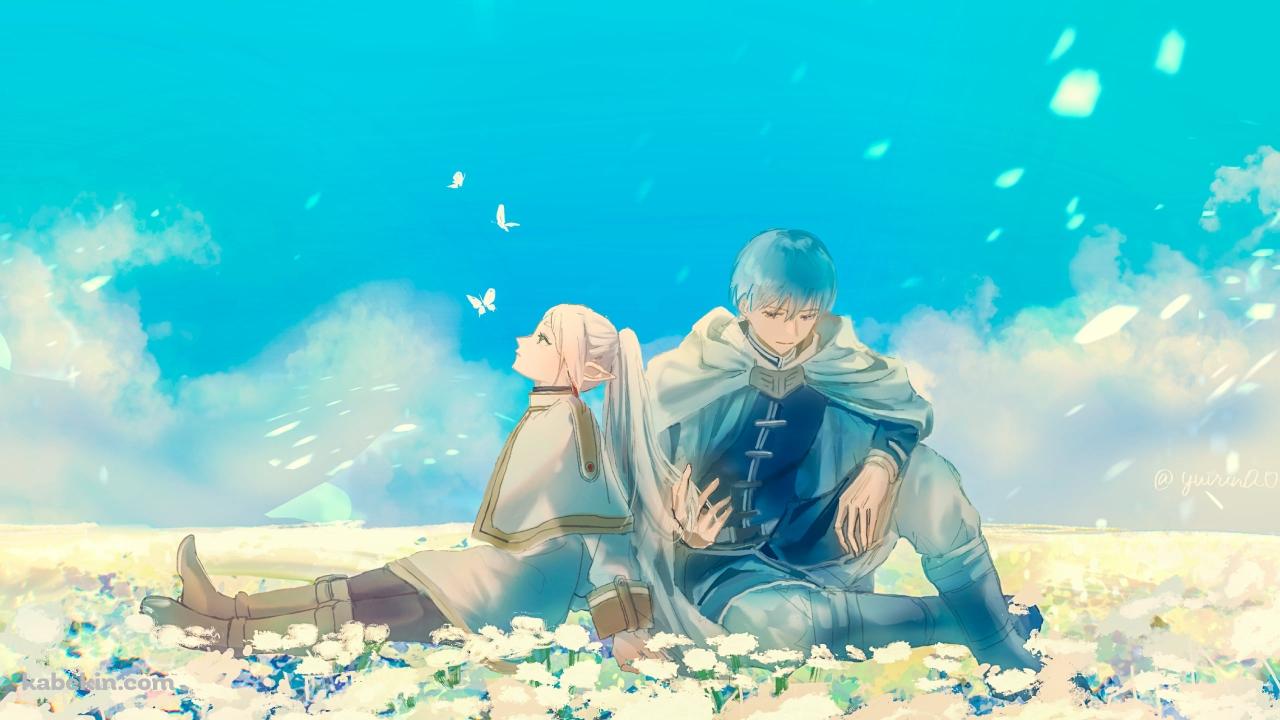 白い花の上に座るフリーレンとヒンメル / 葬送のフリーレンの壁紙(1280px x 720px) 高画質 PC・デスクトップ用