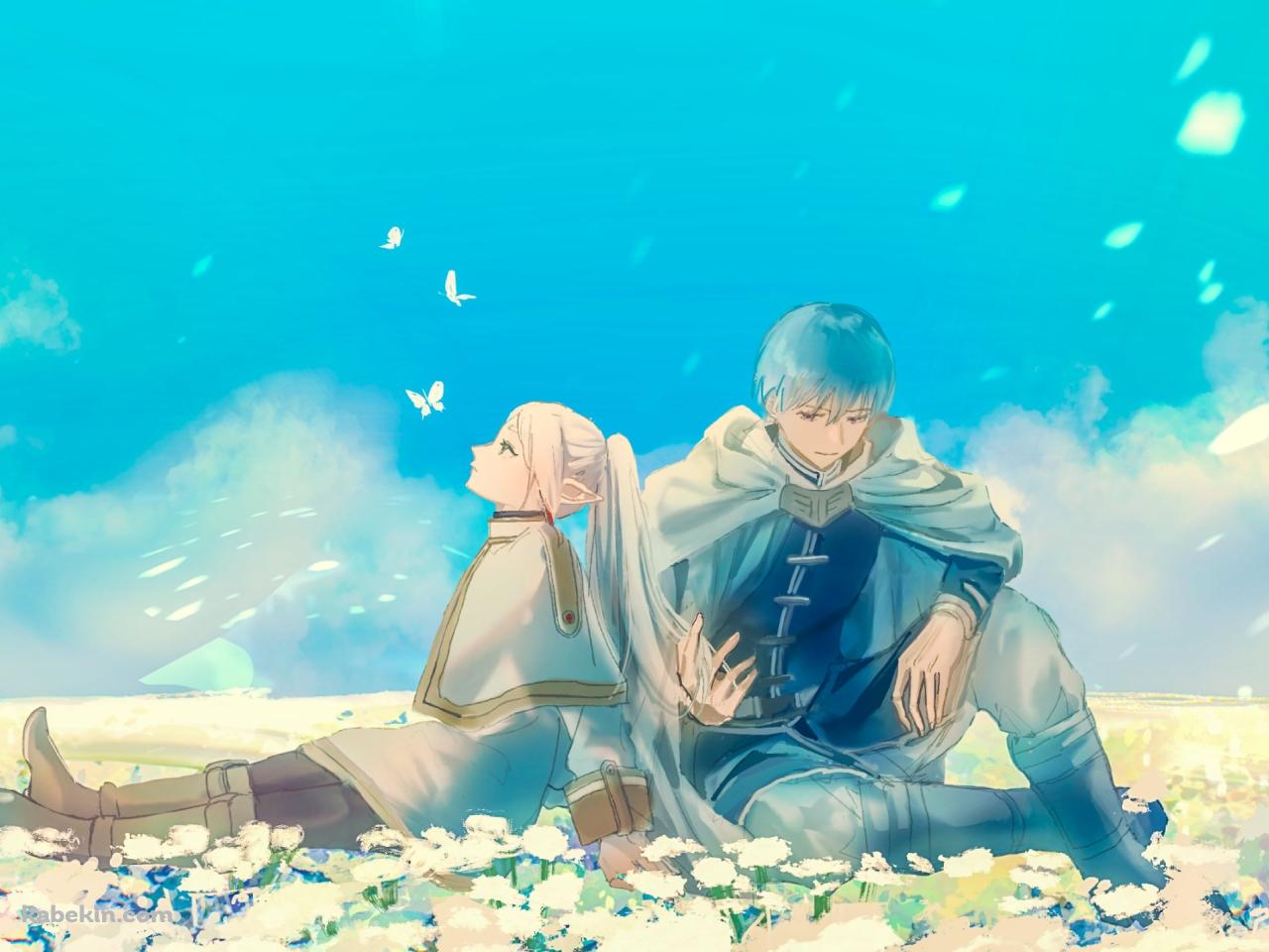 白い花の上に座るフリーレンとヒンメル / 葬送のフリーレンの壁紙(1280px x 960px) 高画質 PC・デスクトップ用