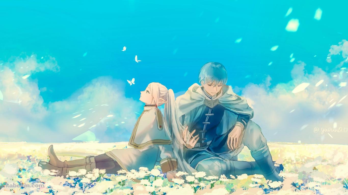 白い花の上に座るフリーレンとヒンメル / 葬送のフリーレンの壁紙(1366px x 768px) 高画質 PC・デスクトップ用