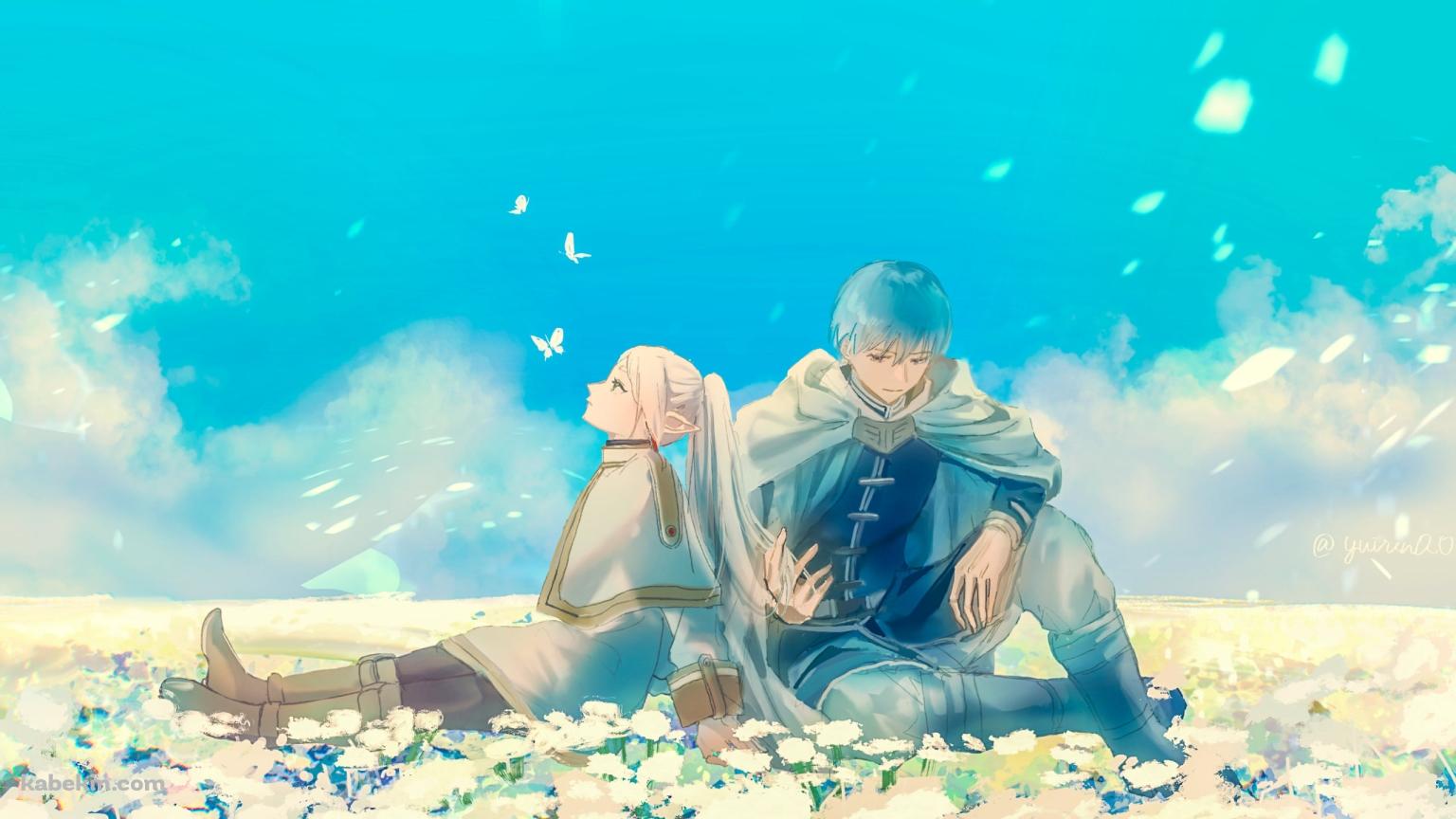 白い花の上に座るフリーレンとヒンメル / 葬送のフリーレンの壁紙(1536px x 864px) 高画質 PC・デスクトップ用