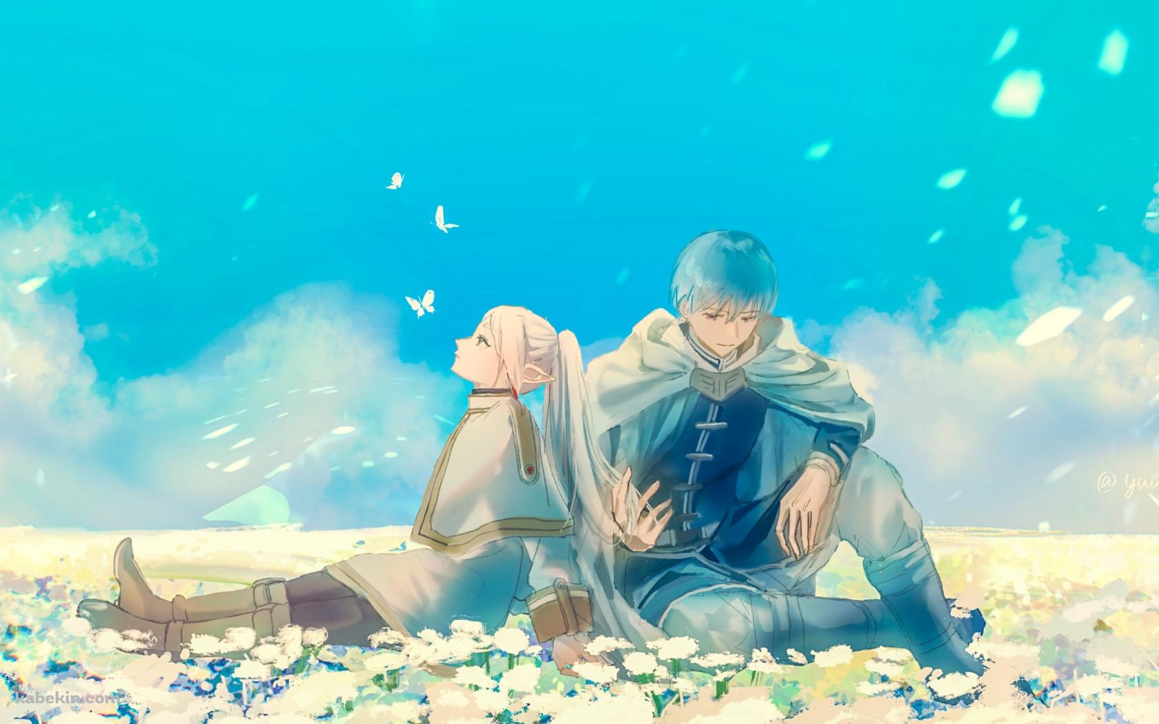 白い花の上に座るフリーレンとヒンメル / 葬送のフリーレンの壁紙(1680px x 1050px) 高画質 PC・デスクトップ用