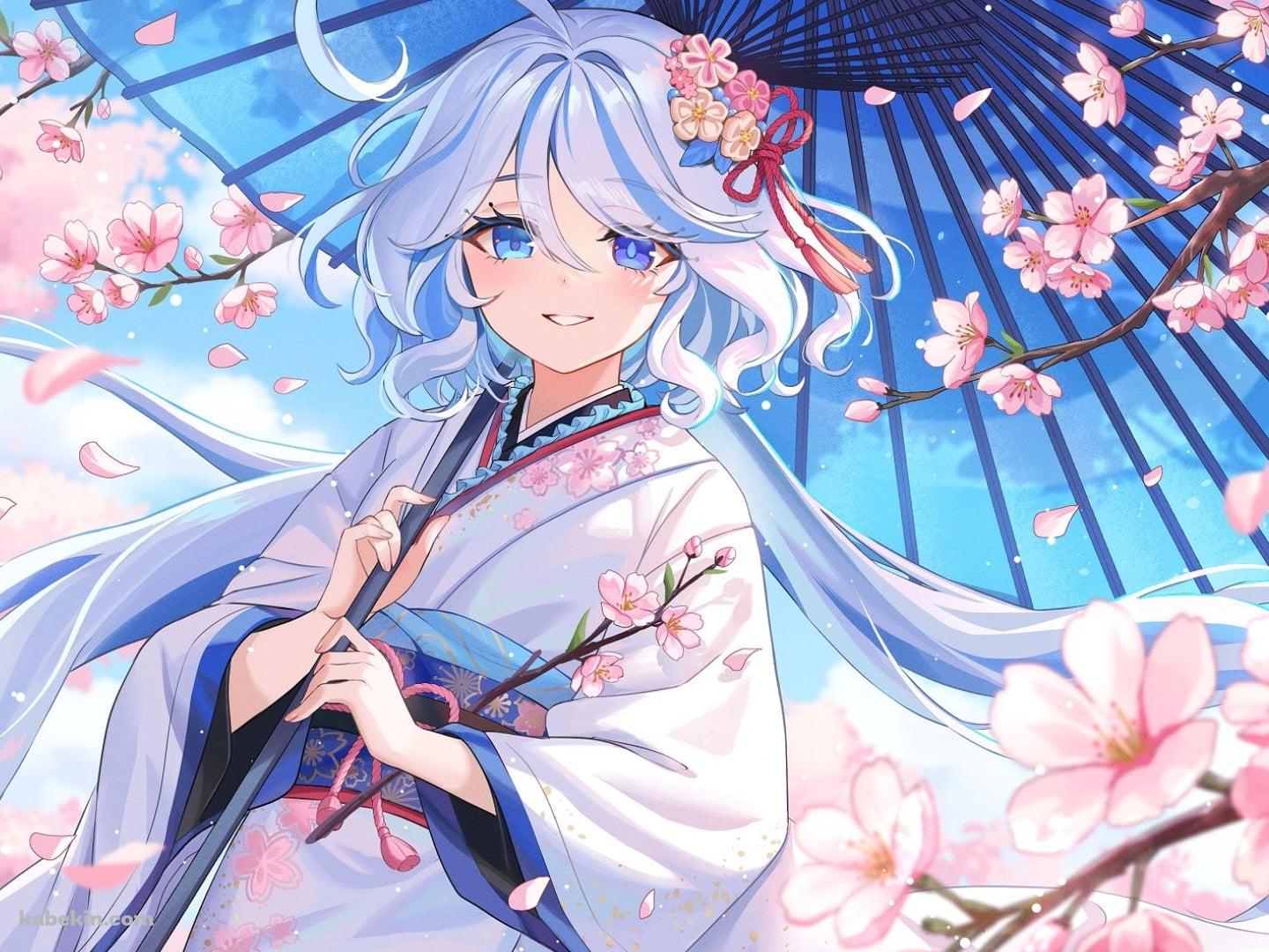 桜の花と着物を着たフリーナ / 原神の壁紙(1440px x 1080px) 高画質 PC・デスクトップ用