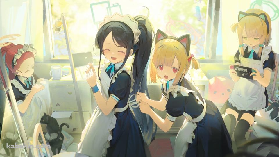 メイド姿の天童アリス、才羽モモイ、才羽ミドリ、花岡ユズ / ブルーアーカイブの壁紙(960px x 540px) 高画質 PC・デスクトップ用