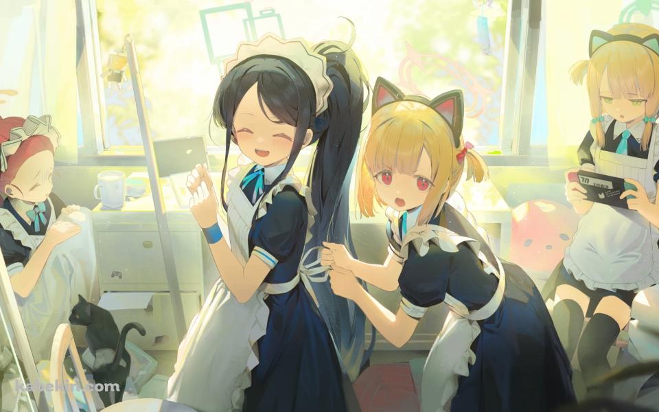 メイド姿の天童アリス、才羽モモイ、才羽ミドリ、花岡ユズ / ブルーアーカイブの壁紙(960px x 600px) 高画質 PC・デスクトップ用