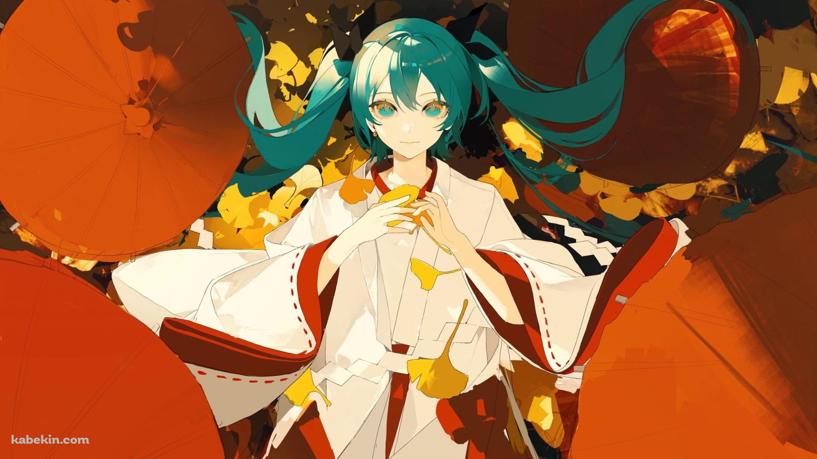 白と赤の着物を着た初音ミク / ボーカロイドの壁紙(1600px x 900px) 高画質 PC・デスクトップ用