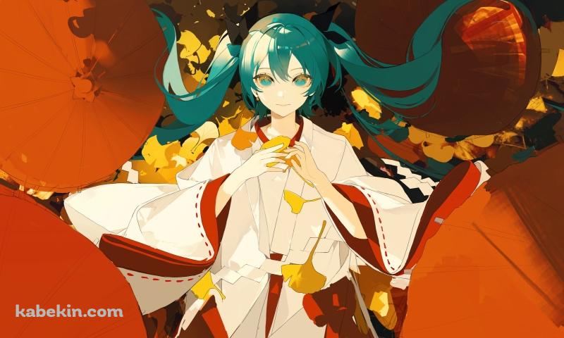 白と赤の着物を着た初音ミク / ボーカロイドの壁紙(800px x 480px) 高画質 PC・デスクトップ用