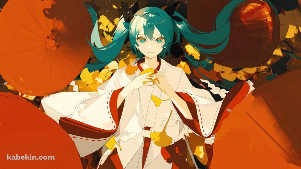 白と赤の着物を着た初音ミク / ボーカロイドの壁紙(960px x 540px) 高画質 PC・デスクトップ用