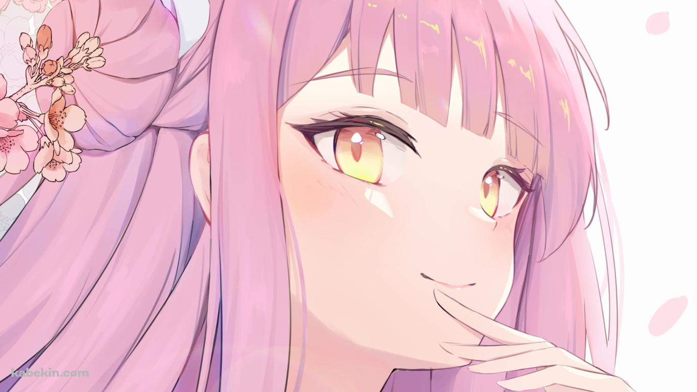 桜の花と微笑む聖園ミカ / ブルーアーカイブの壁紙(1366px x 768px) 高画質 PC・デスクトップ用