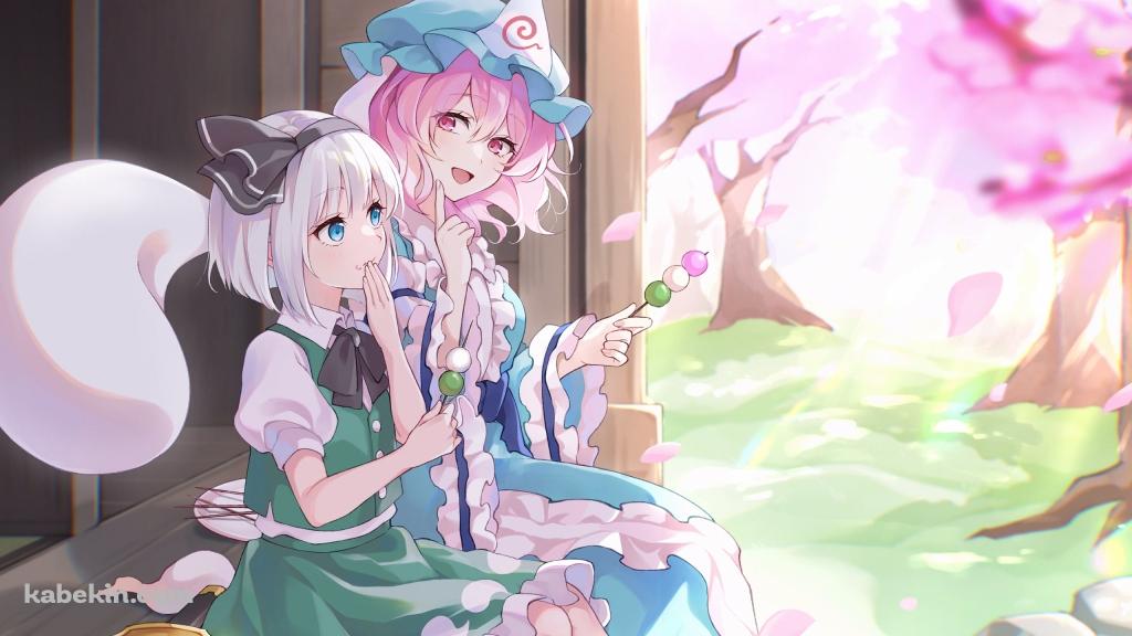 縁側でお団子を食べる西行寺幽々子と魂魄妖夢 / 東方の壁紙(1024px x 576px) 高画質 PC・デスクトップ用