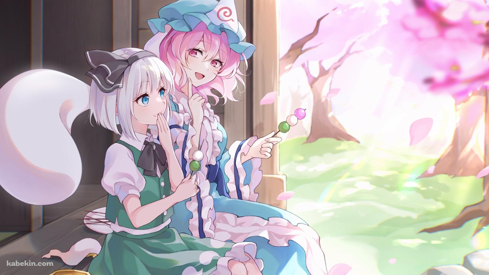 縁側でお団子を食べる西行寺幽々子と魂魄妖夢 / 東方の壁紙(1600px x 900px) 高画質 PC・デスクトップ用