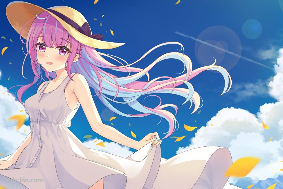 青空と黄色い花びらと湊あくあ / ホロライブ / バーチャルYouTuberの壁紙(1152px x 768px) 高画質 PC・デスクトップ用