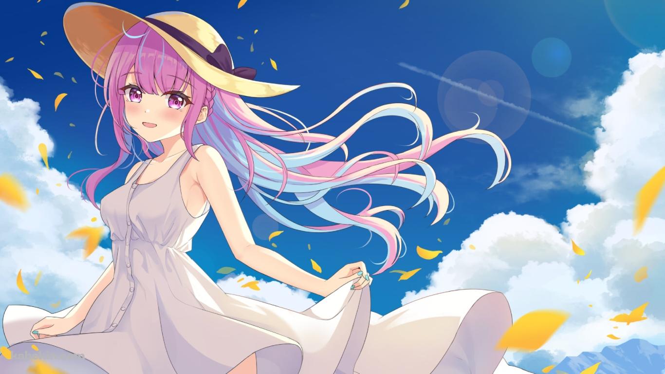 青空と黄色い花びらと湊あくあ / ホロライブ / バーチャルYouTuberの壁紙(1366px x 768px) 高画質 PC・デスクトップ用