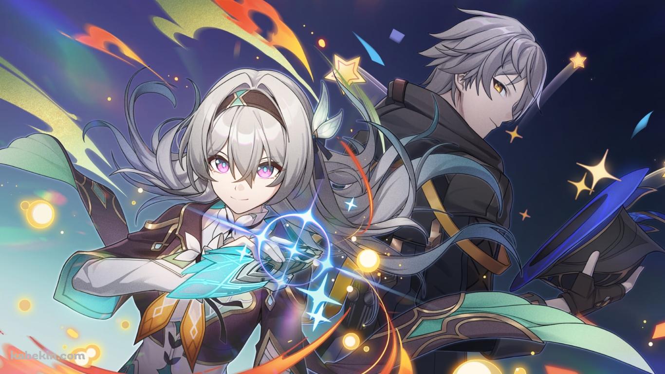 キラキラした魔法を詠唱するホタルと穹 / 原神の壁紙(1366px x 768px) 高画質 PC・デスクトップ用