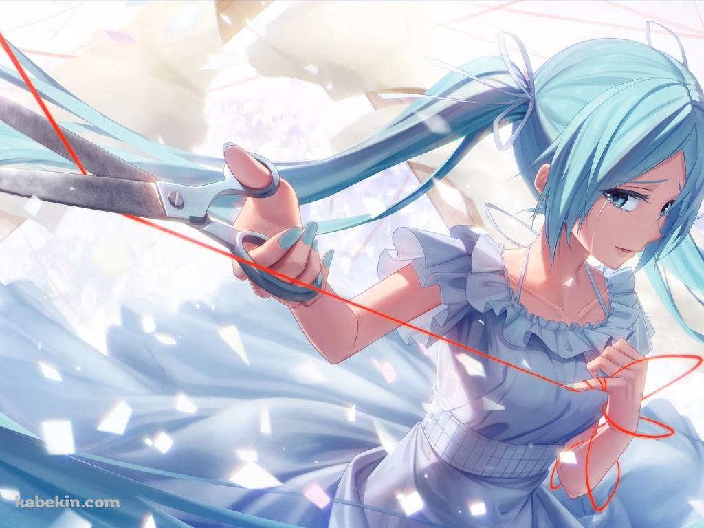 赤い線をハサミで切る初音ミク / ボーカロイドの壁紙(1024px x 768px) 高画質 PC・デスクトップ用