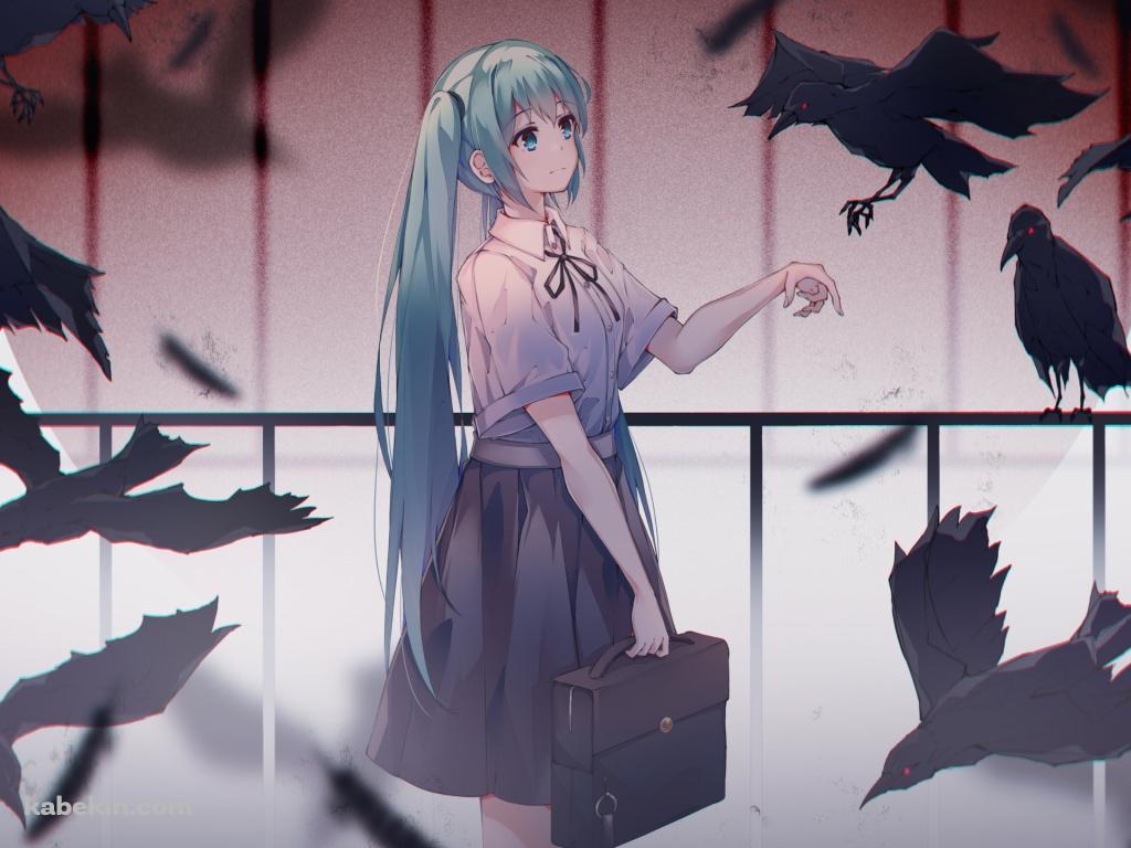 黒いカラスの群れと初音ミク / ボーカロイドの壁紙(1024px x 768px) 高画質 PC・デスクトップ用