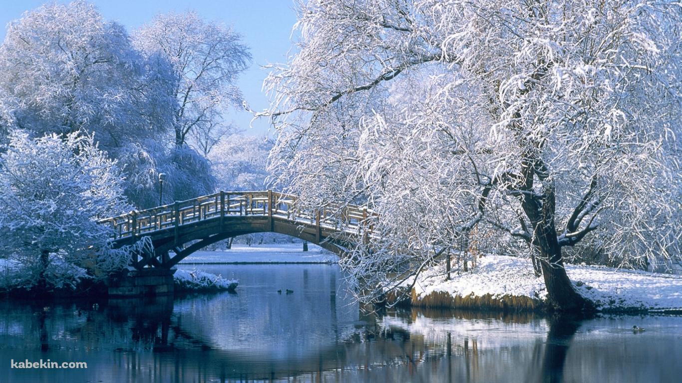 冬 湖と橋 雪景色 日本の壁紙(1366px x 768px) 高画質 PC・デスクトップ用