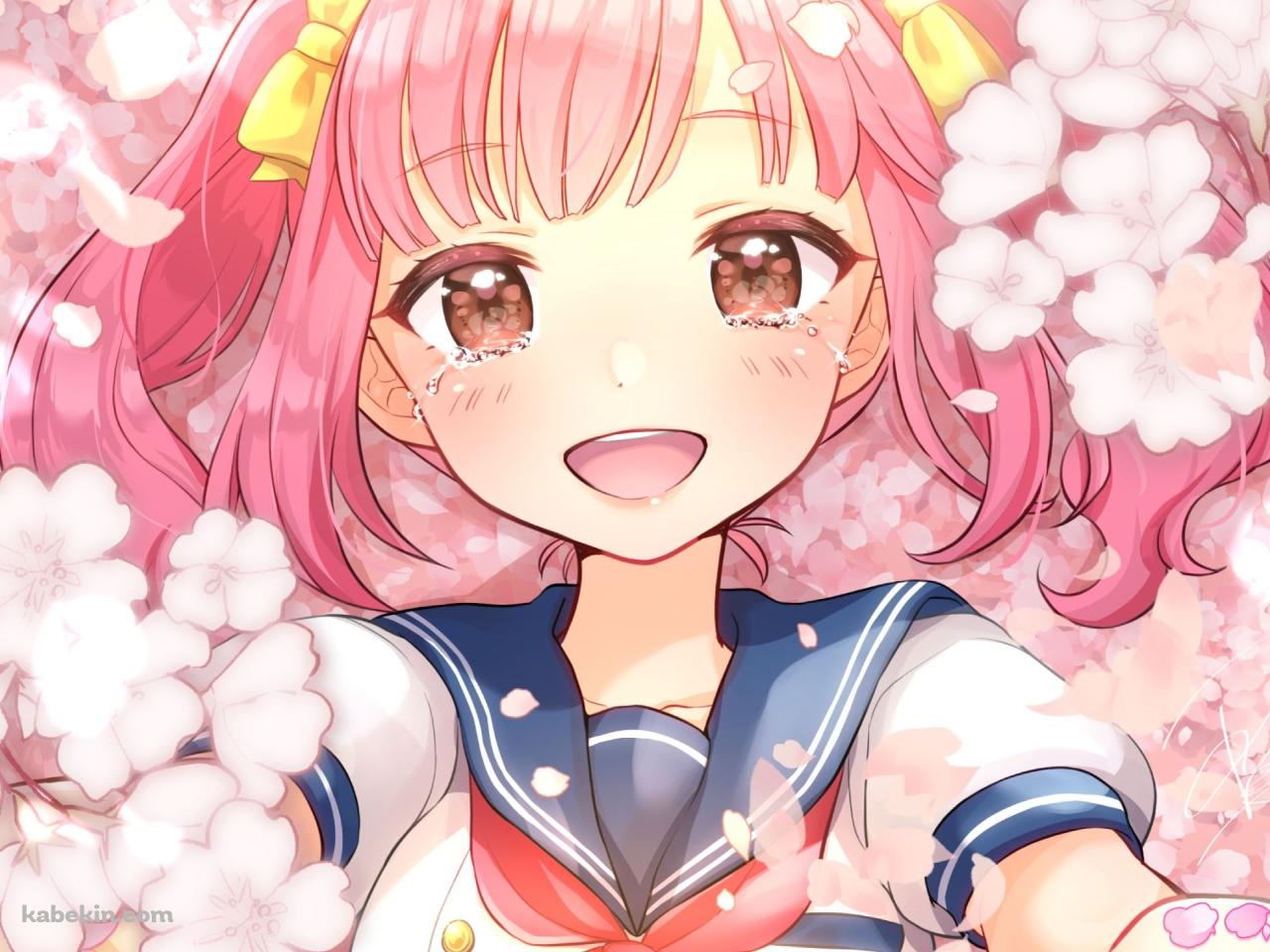 桜の花と制服姿の遠北千南 / にじさんじ / バーチャルYouTuberの壁紙(1280px x 960px) 高画質 PC・デスクトップ用