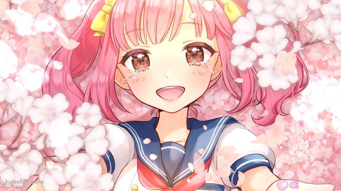 桜の花と制服姿の遠北千南 / にじさんじ / バーチャルYouTuberの壁紙(1366px x 768px) 高画質 PC・デスクトップ用
