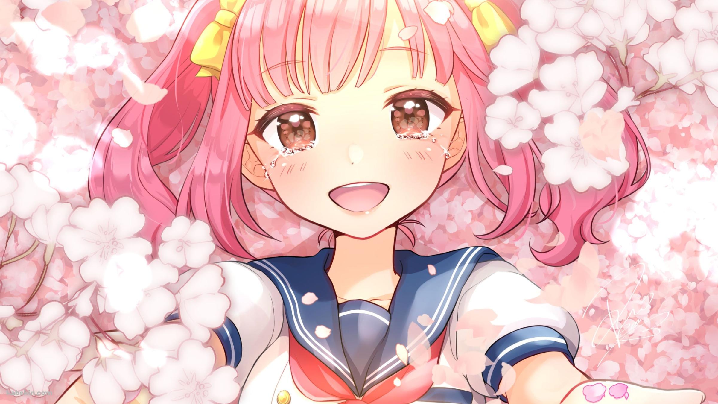 桜の花と制服姿の遠北千南 / にじさんじ / バーチャルYouTuberの壁紙(2400px x 1350px) 高画質 PC・デスクトップ用