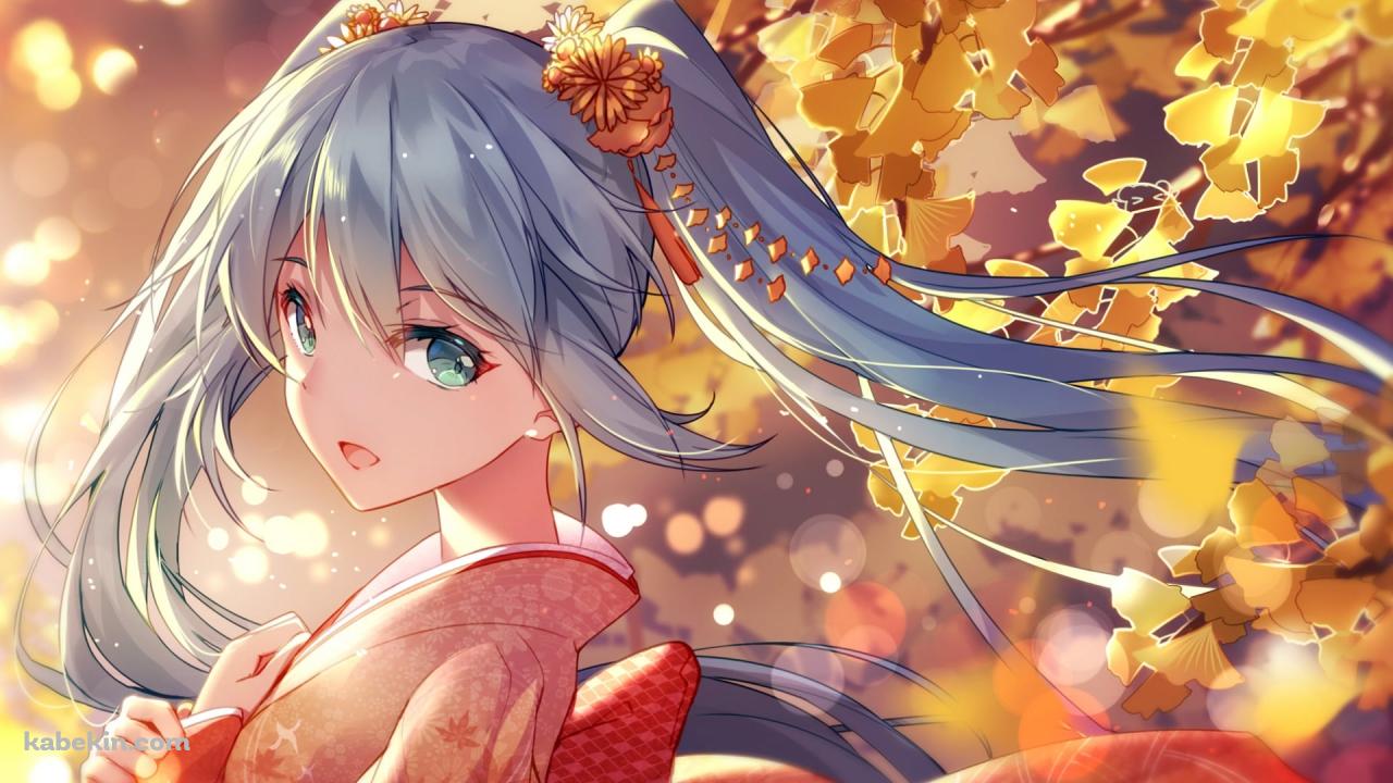 銀杏の花と赤い着物を着た初音ミク / ボーカロイド / ボカロの壁紙(1280px x 720px) 高画質 PC・デスクトップ用