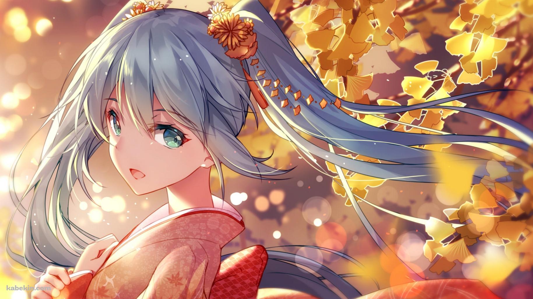 銀杏の花と赤い着物を着た初音ミク / ボーカロイド / ボカロの壁紙(1829px x 1029px) 高画質 PC・デスクトップ用