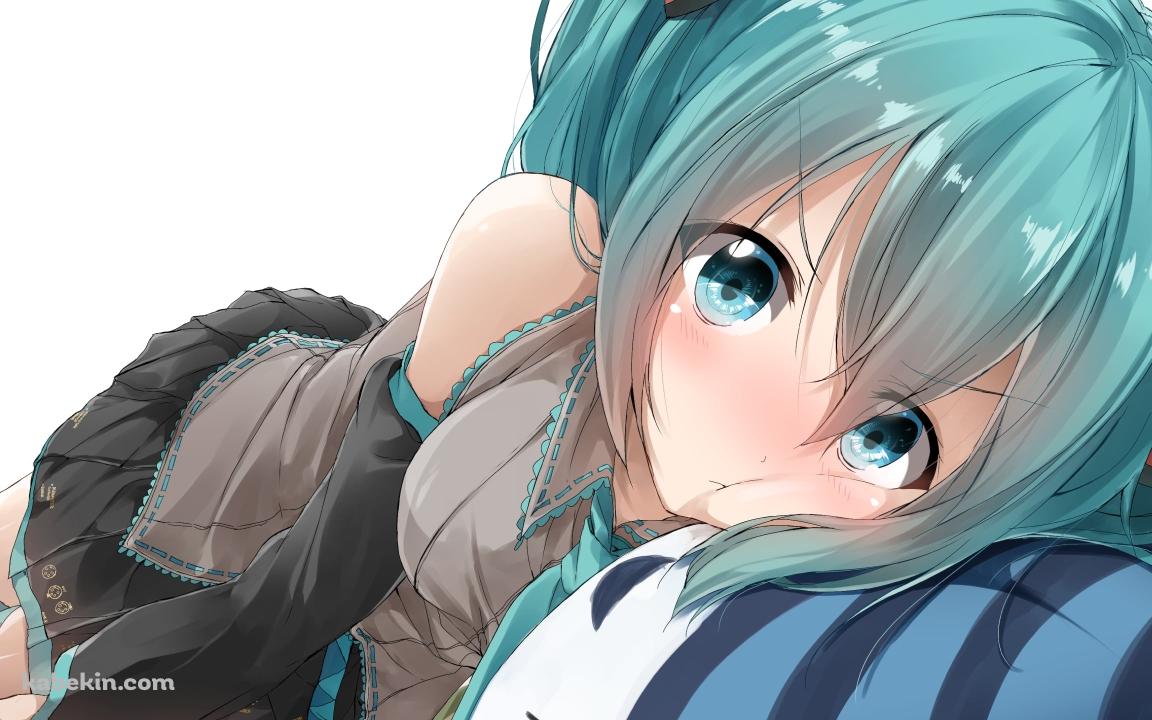 顔を赤らめて枕で寝る初音ミク / ボカロの壁紙(1152px x 720px) 高画質 PC・デスクトップ用