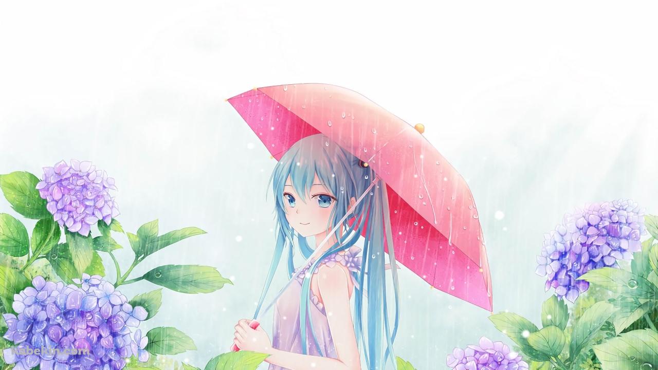 紫の紫陽花とピンクの傘をさす初音ミク / 雨 / ボカロの壁紙(1280px x 720px) 高画質 PC・デスクトップ用