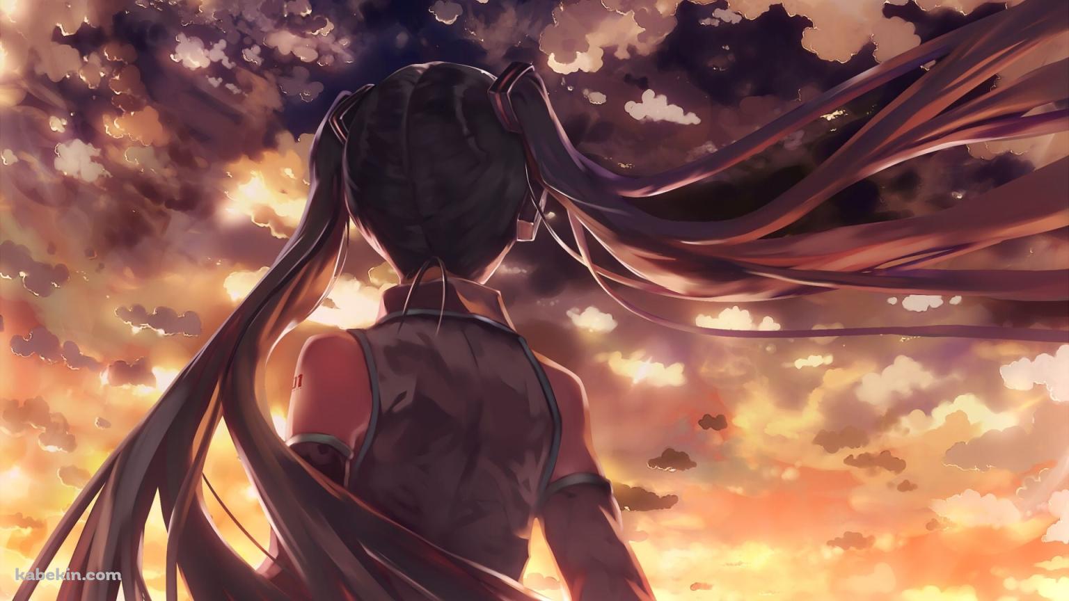 夕暮れの空を見つめる初音ミクの後ろ姿 / ボーカロイドの壁紙(1536px x 864px) 高画質 PC・デスクトップ用