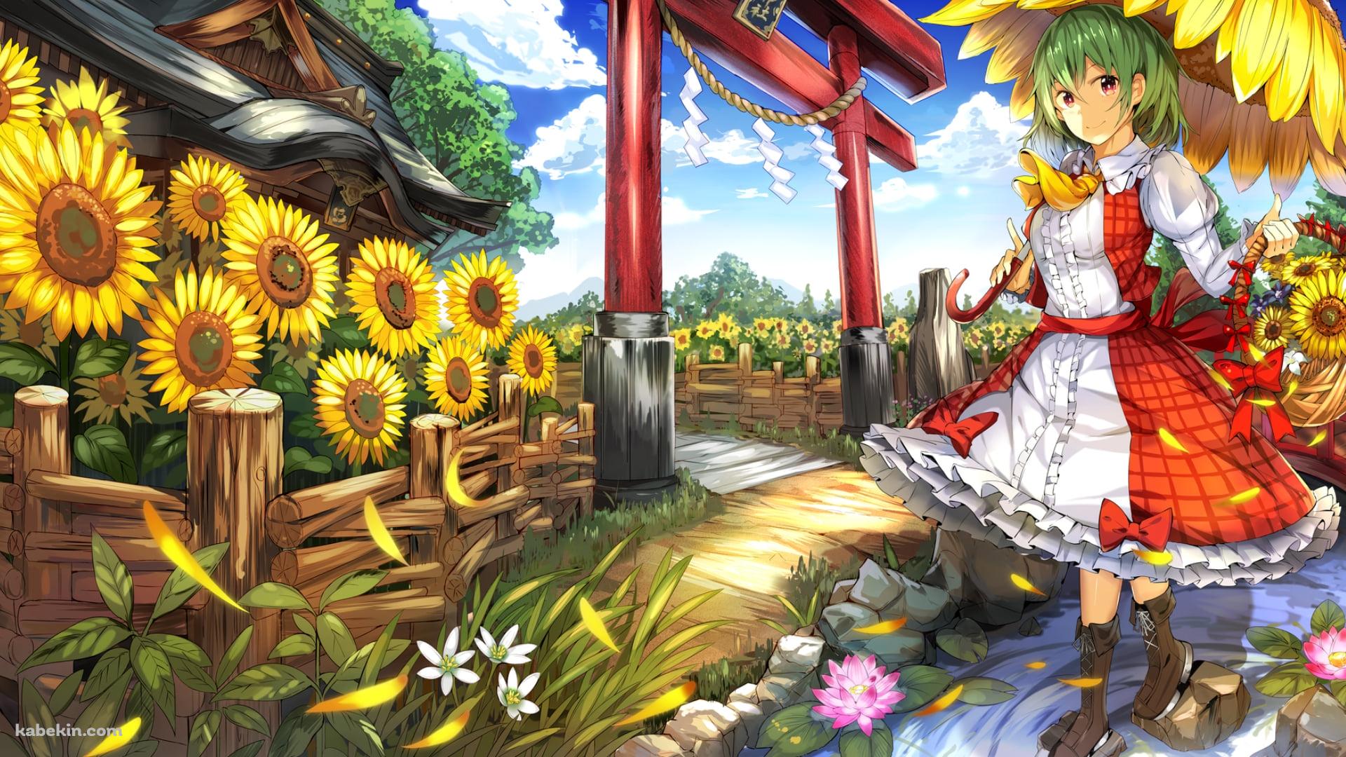 赤い神社と向日葵の日傘をさす風見幽香 / 東方の壁紙(1920px x 1080px) 高画質 PC・デスクトップ用