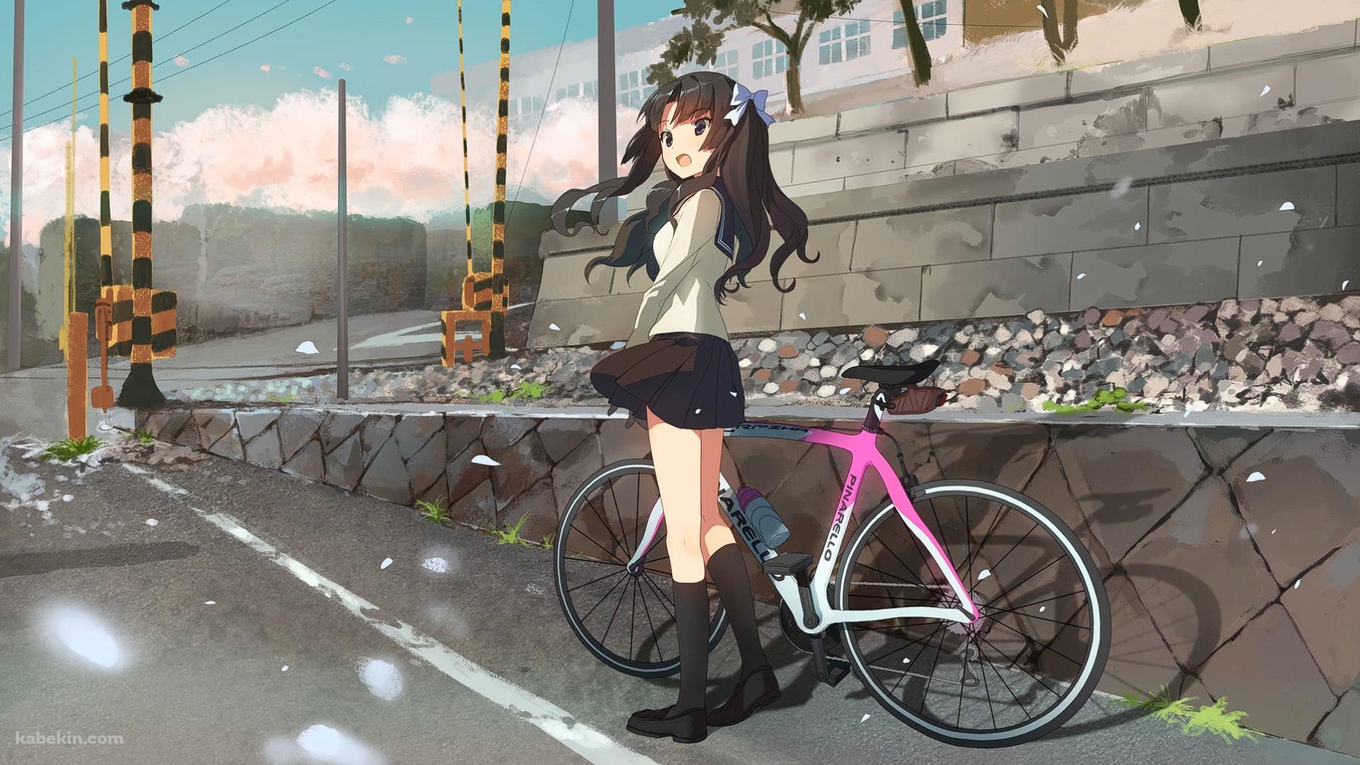 ピンク・白の自転車と神倉 冬音 / 踏切 / 南鎌倉高校女子自転車部の壁紙(1920px x 1080px) 高画質 PC・デスクトップ用