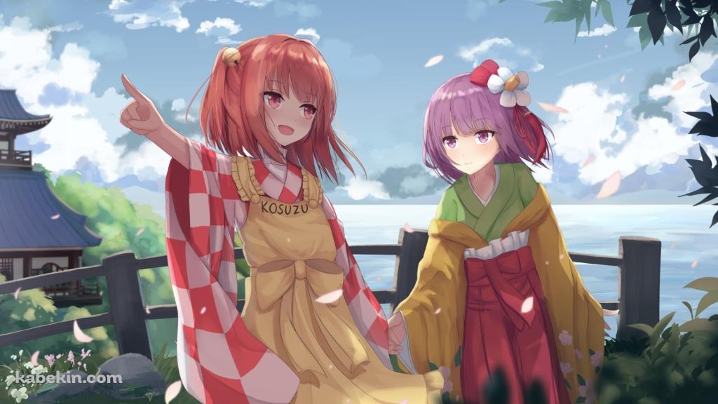 手をつなぐ稗田阿求と本居小鈴 / 東方の壁紙(1024px x 576px) 高画質 PC・デスクトップ用